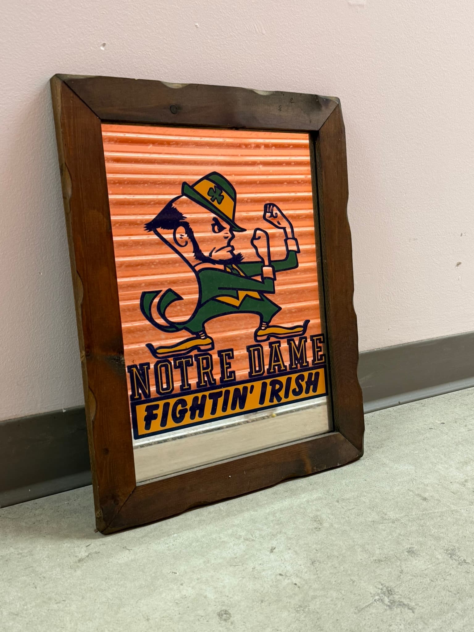 Vintage Notre Dame Fighting Irish Bar Mirror 70s Wood Frame